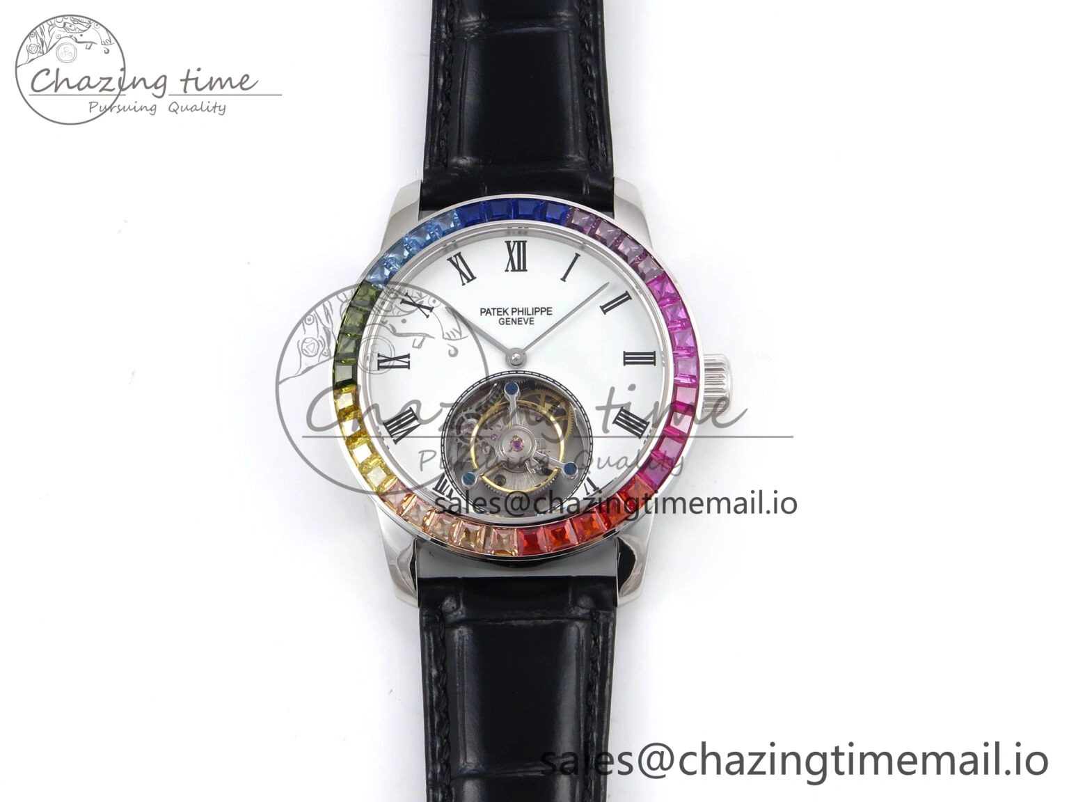 PP Tourbillon SS Rainbow Bezel RMSF Edition White Dial on Black Leather Strap