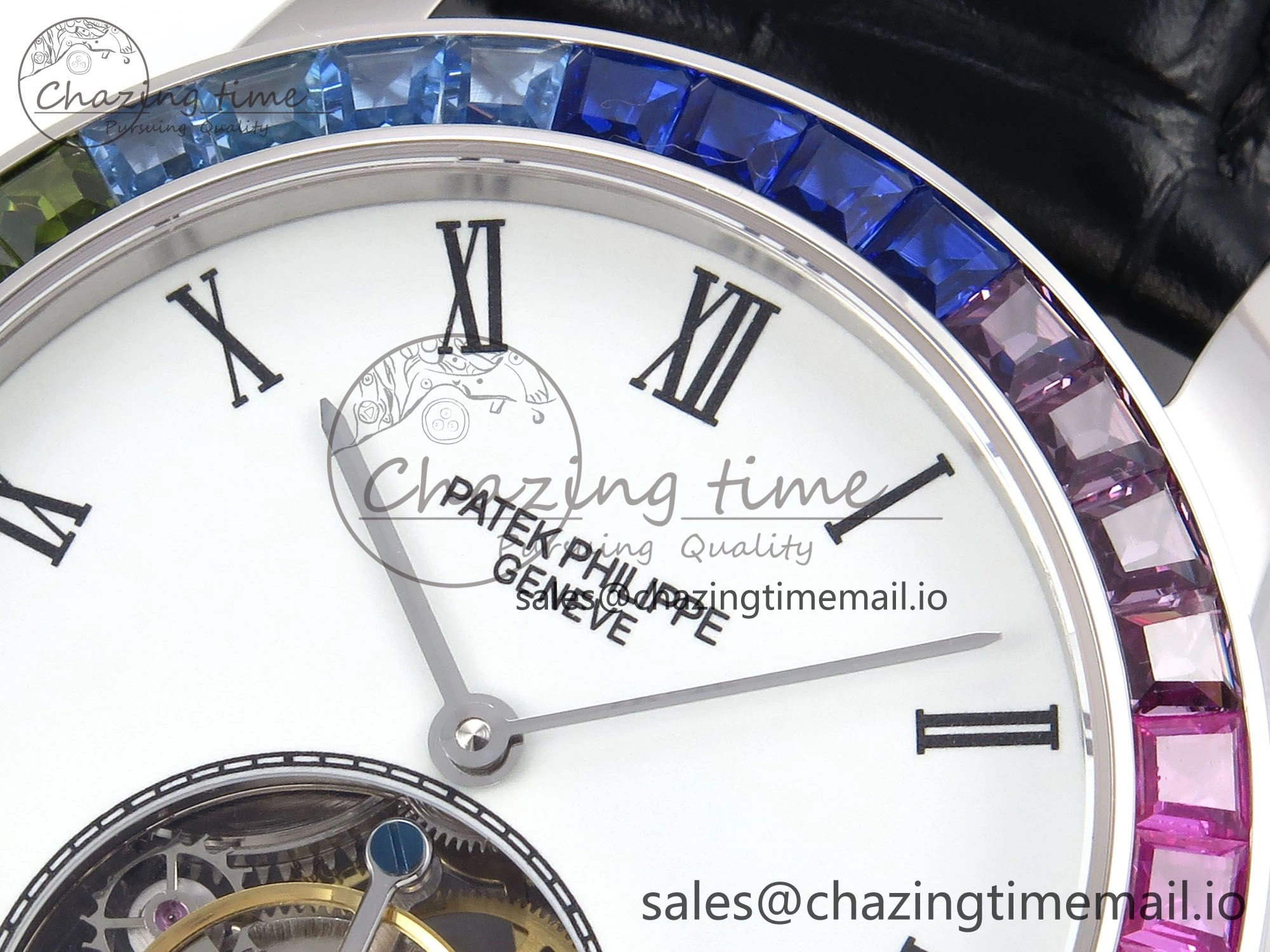 PP Tourbillon SS Rainbow Bezel RMSF Edition White Dial on Black Leather Strap