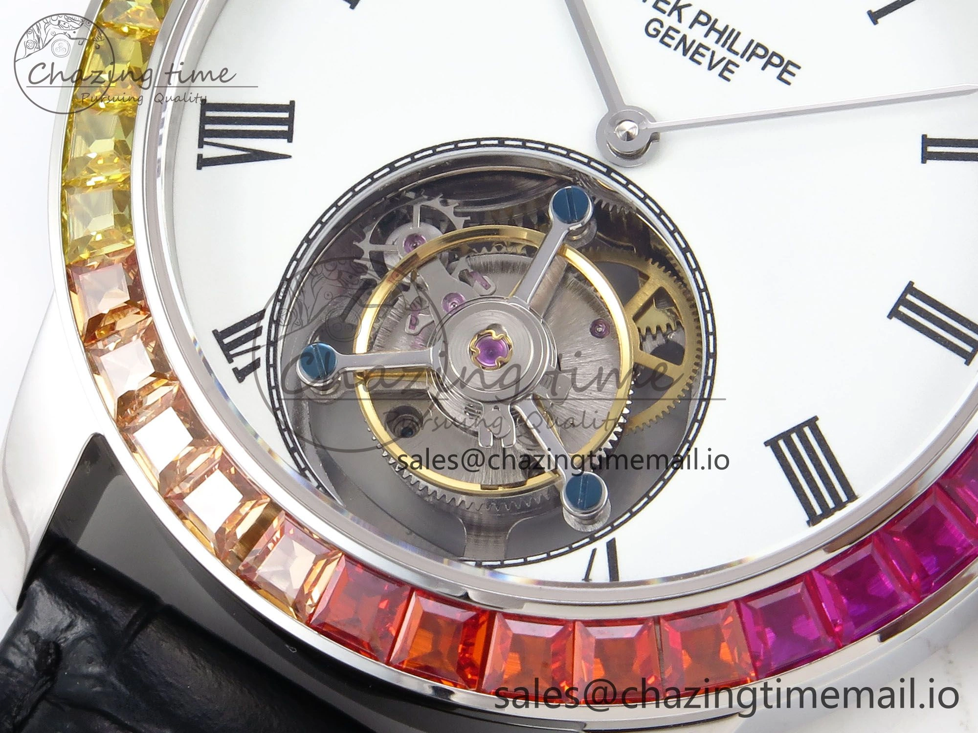 PP Tourbillon SS Rainbow Bezel RMSF Edition White Dial on Black Leather Strap