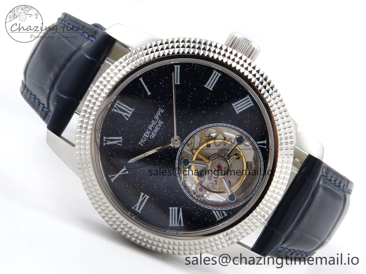 PP Tourbillon SS Texuted Bezel RMSF Edition Black Starry Dial on Blue Leather Strap