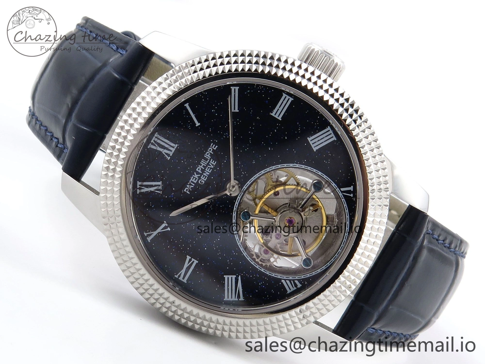 PP Tourbillon SS Texuted Bezel RMSF Edition Black Starry Dial on Blue Leather Strap