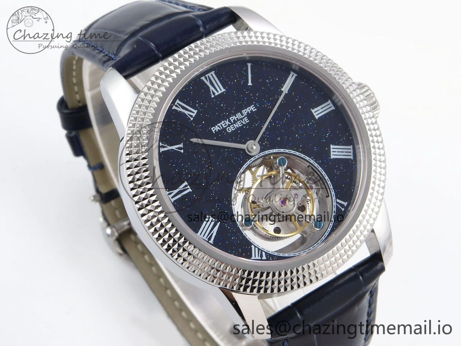 PP Tourbillon SS Texuted Bezel RMSF Edition Black Starry Dial on Blue Leather Strap