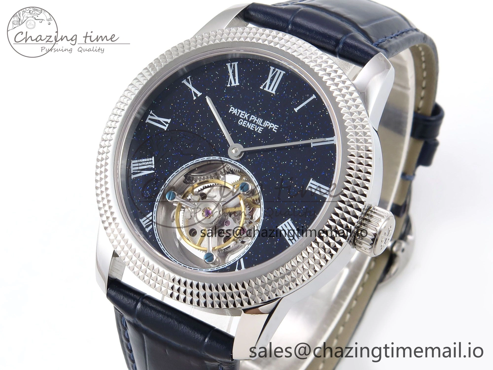 PP Tourbillon SS Texuted Bezel RMSF Edition Black Starry Dial on Blue Leather Strap