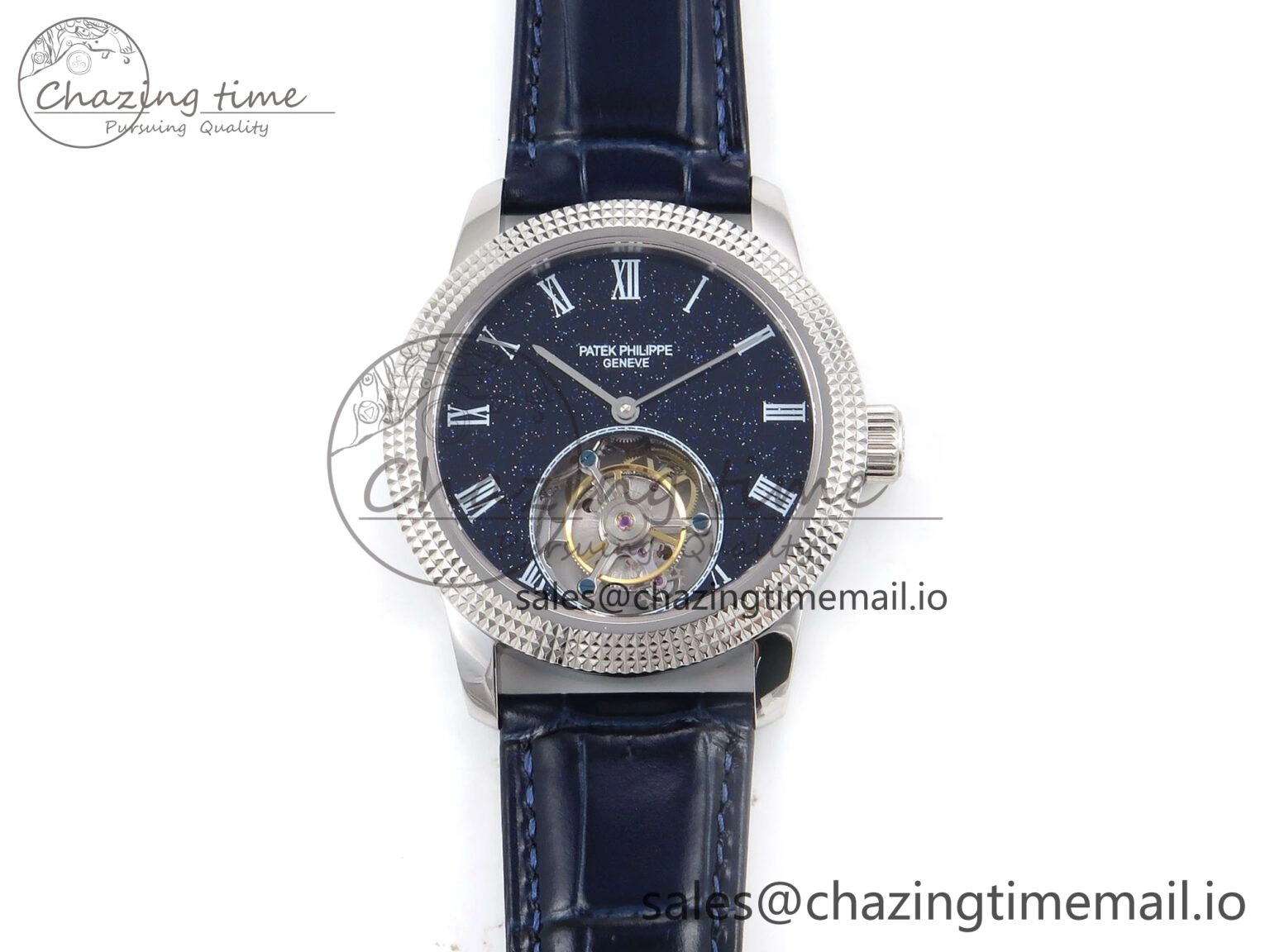 PP Tourbillon SS Texuted Bezel RMSF Edition Black Starry Dial on Blue Leather Strap