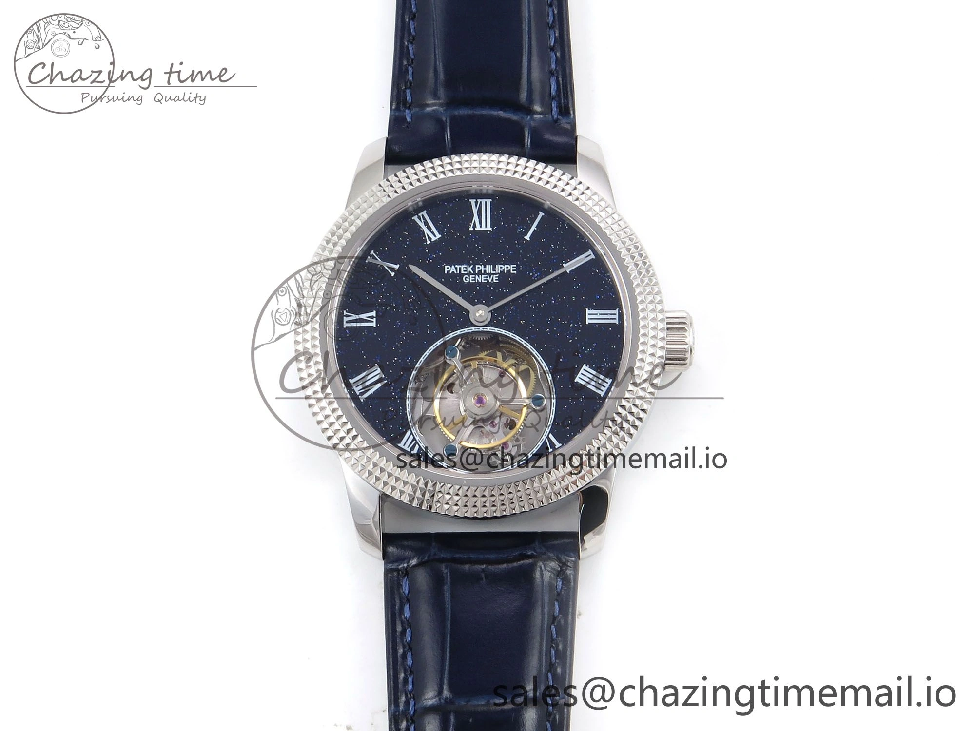 PP Tourbillon SS Texuted Bezel RMSF Edition Black Starry Dial on Blue Leather Strap