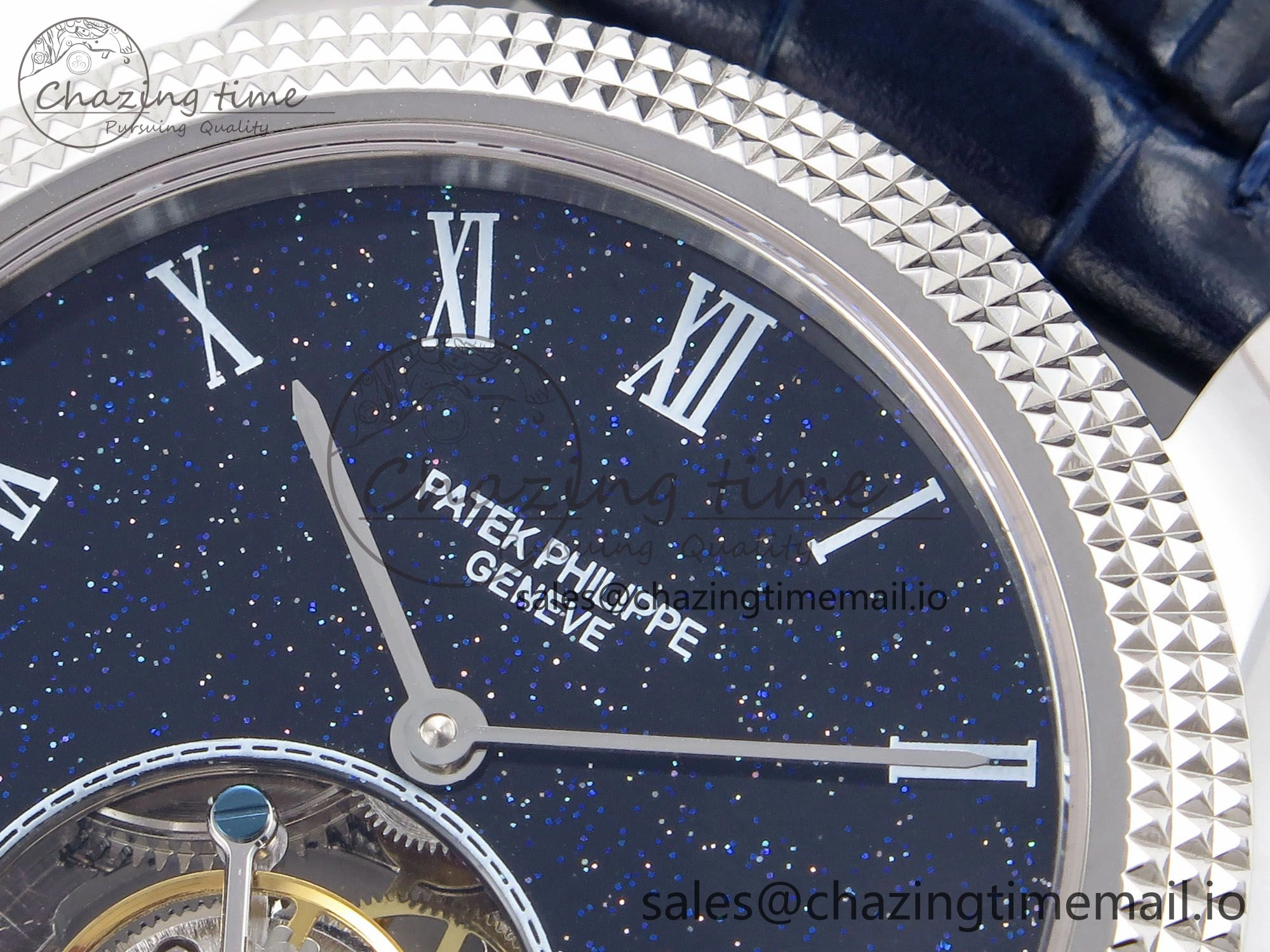 PP Tourbillon SS Texuted Bezel RMSF Edition Black Starry Dial on Blue Leather Strap