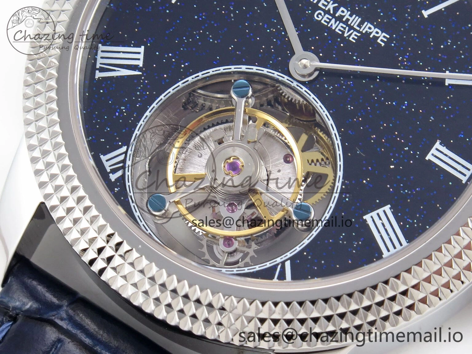 PP Tourbillon SS Texuted Bezel RMSF Edition Black Starry Dial on Blue Leather Strap