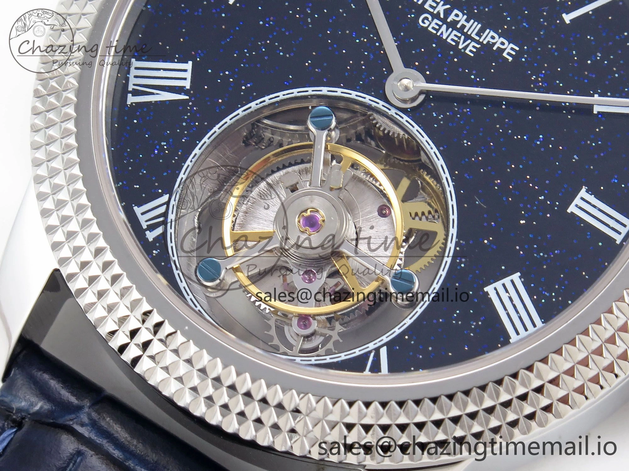 PP Tourbillon SS Texuted Bezel RMSF Edition Black Starry Dial on Blue Leather Strap