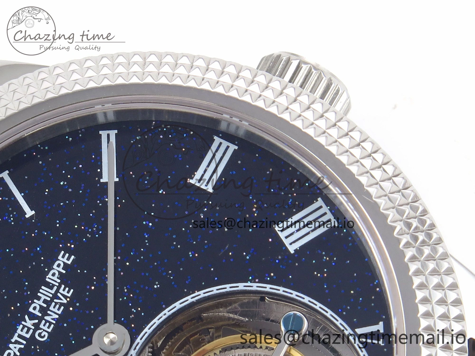 PP Tourbillon SS Texuted Bezel RMSF Edition Black Starry Dial on Blue Leather Strap