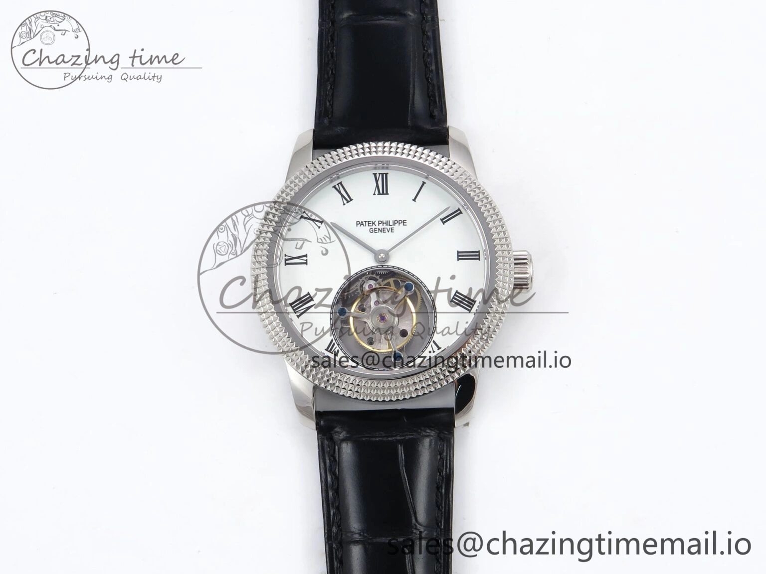 PP Tourbillon SS Texuted Bezel RMSF Edition White Dial on Black Leather Strap