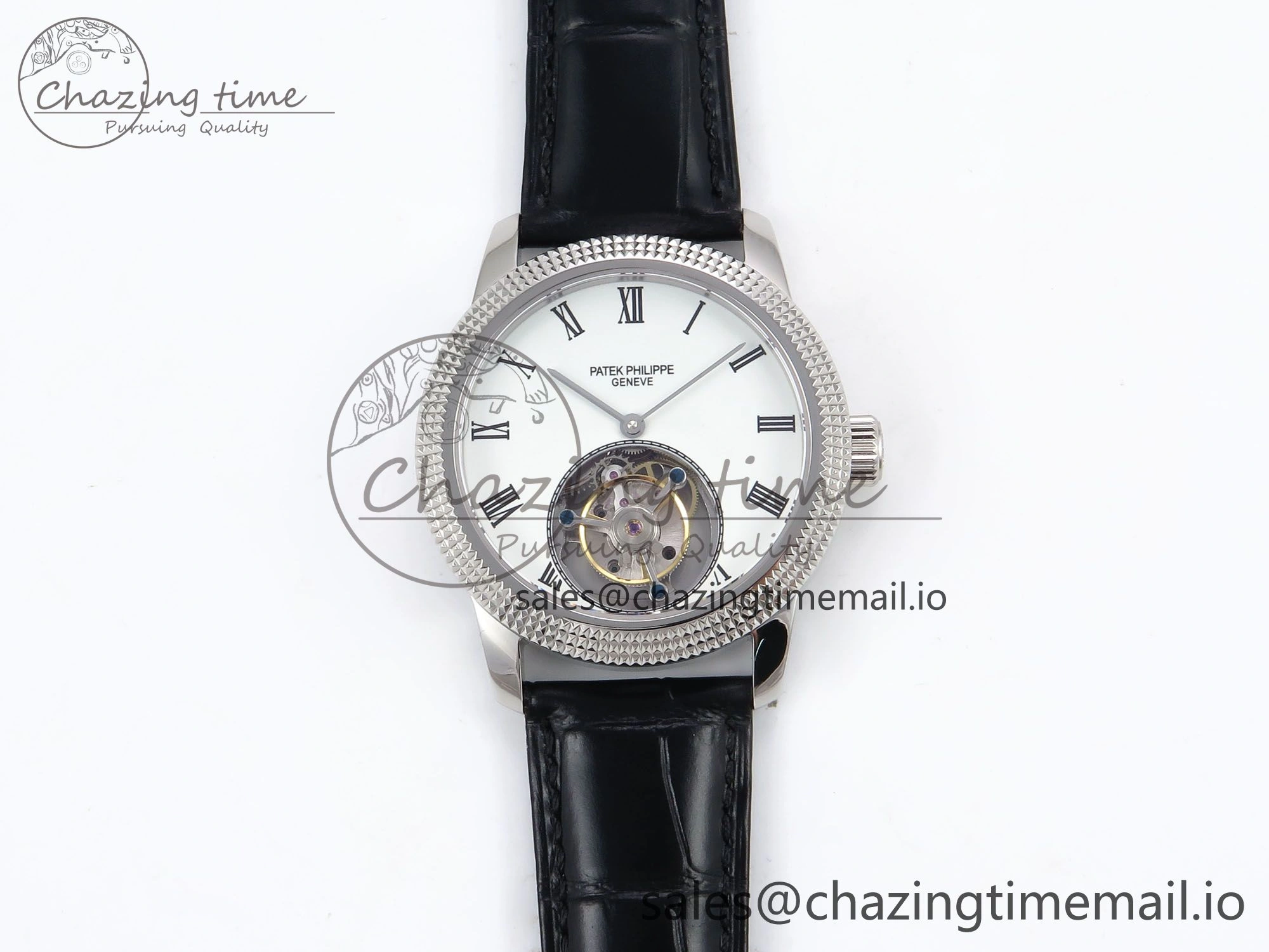 PP Tourbillon SS Texuted Bezel RMSF Edition White Dial on Black Leather Strap