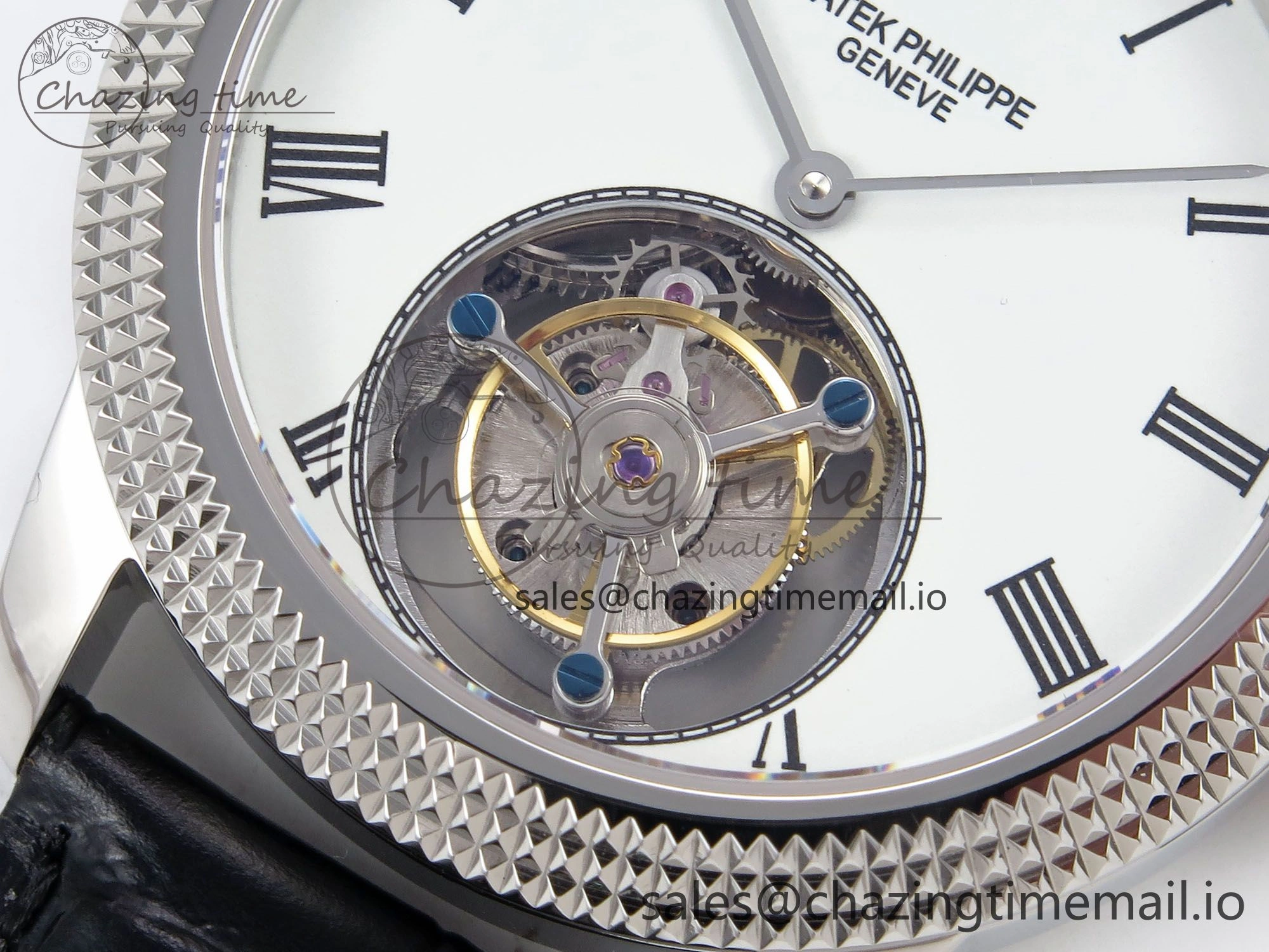 PP Tourbillon SS Texuted Bezel RMSF Edition White Dial on Black Leather Strap