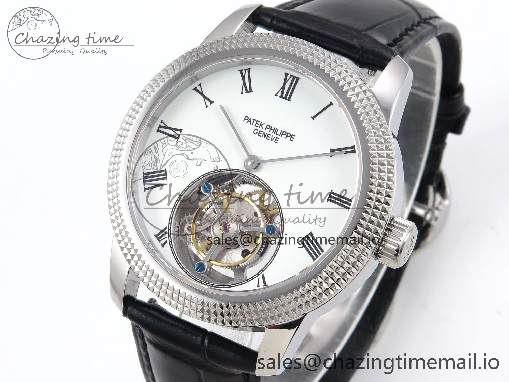 PP Tourbillon SS Texuted Bezel RMSF Edition White Dial on Black Leather Strap