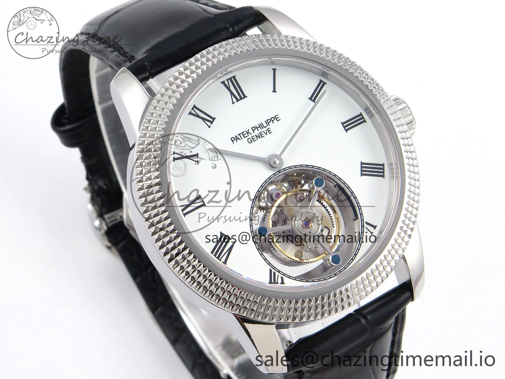 PP Tourbillon SS Texuted Bezel RMSF Edition White Dial on Black Leather Strap
