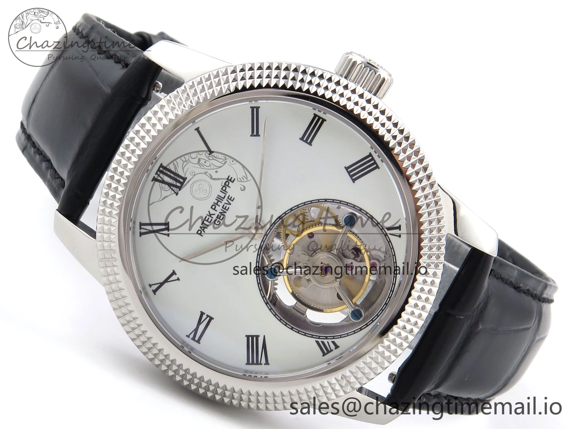 PP Tourbillon SS Texuted Bezel RMSF Edition White Dial on Black Leather Strap