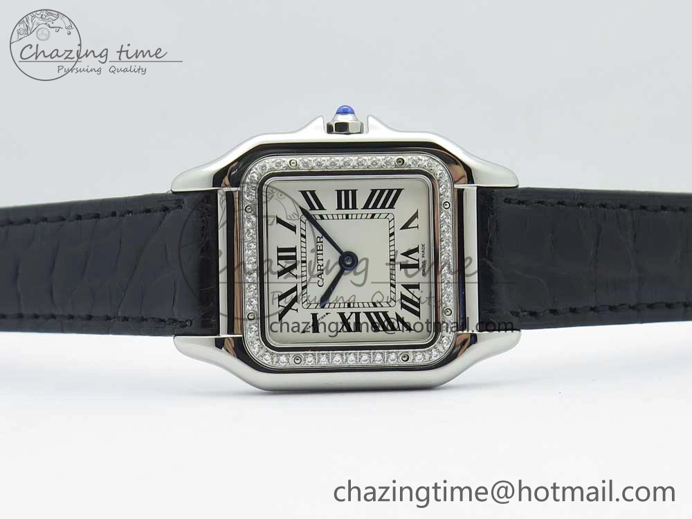 Panthère Secrete Ladies 27mm SS 8848F 1:1 Best Edition White Dial Diamonds Bezel on Black Croco Strap Ronda Quartz