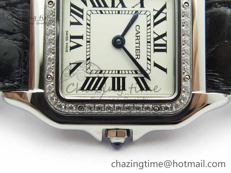 Panthère Secrete Ladies 27mm SS 8848F 1:1 Best Edition White Dial Diamonds Bezel on Black Croco Strap Ronda Quartz