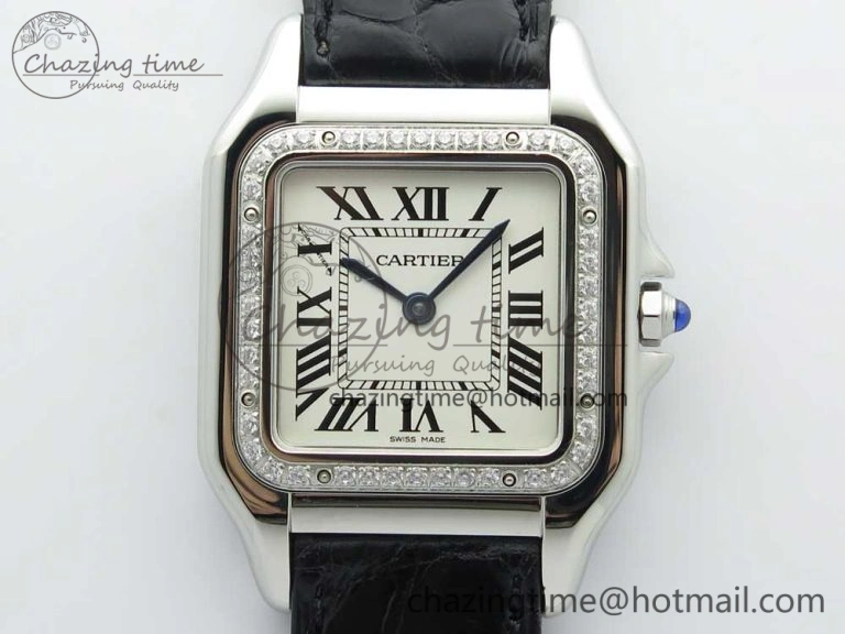 Panthère Secrete Ladies 27mm SS 8848F 1:1 Best Edition White Dial Diamonds Bezel on Black Croco Strap Ronda Quartz