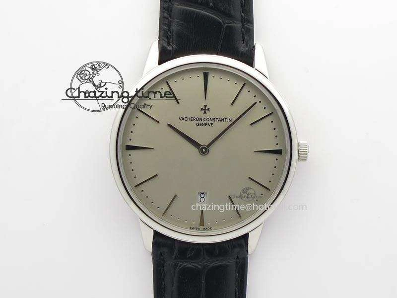 Patrimony Date SS Best Edition Gray Dial On Black Leather Strap Swiss Quartz