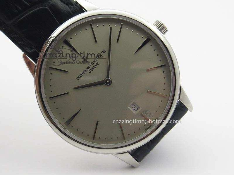 Patrimony Date SS Best Edition Gray Dial On Black Leather Strap Swiss Quartz