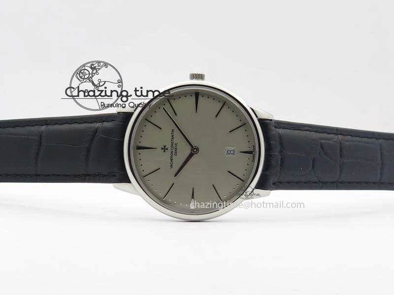 Patrimony Date SS Best Edition Gray Dial On Black Leather Strap Swiss Quartz