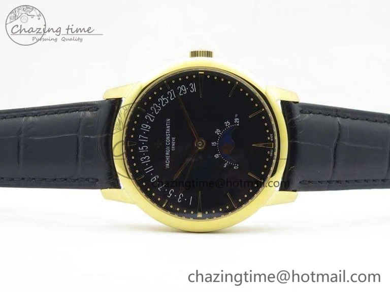 Patrimony Retrograde Date MoonPhase YG GS Best Edition Black Dial On Leather Strap A2460