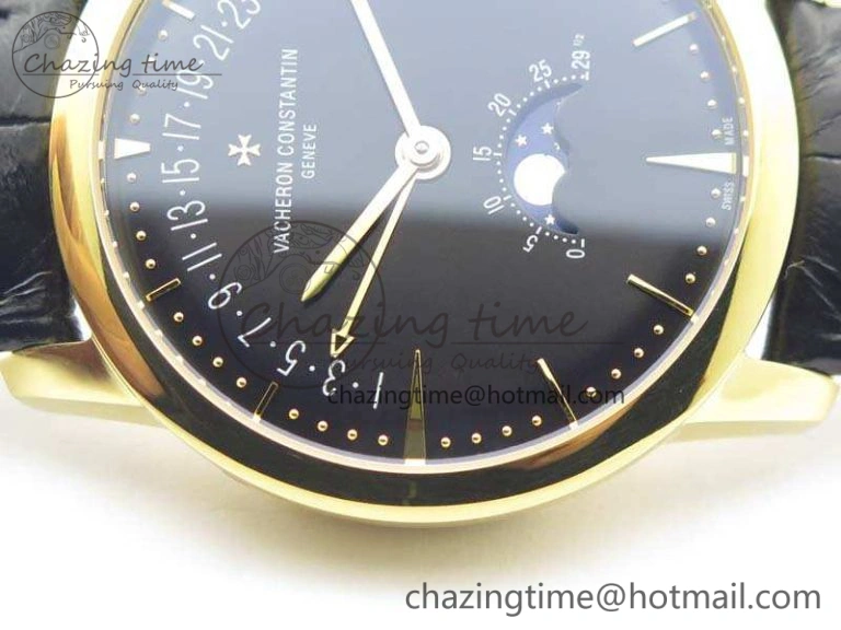 Patrimony Retrograde Date MoonPhase YG GS Best Edition Black Dial On Leather Strap A2460