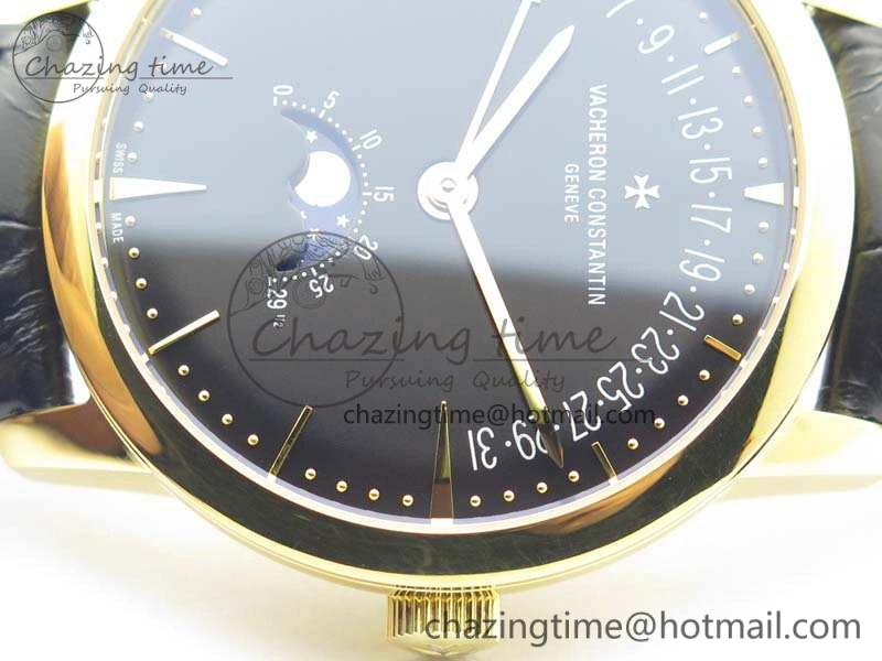 Patrimony Retrograde Date MoonPhase YG GS Best Edition Black Dial On Leather Strap A2460