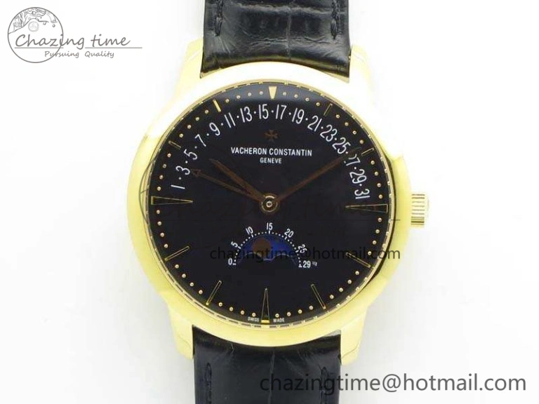 Patrimony Retrograde Date MoonPhase YG GS Best Edition Black Dial On Leather Strap A2460