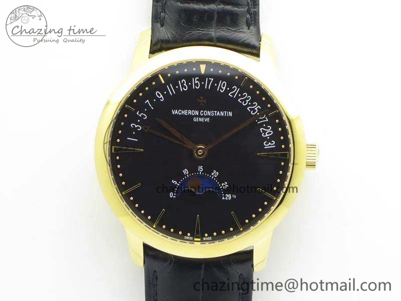 Patrimony Retrograde Date MoonPhase YG GS Best Edition Black Dial On Leather Strap A2460