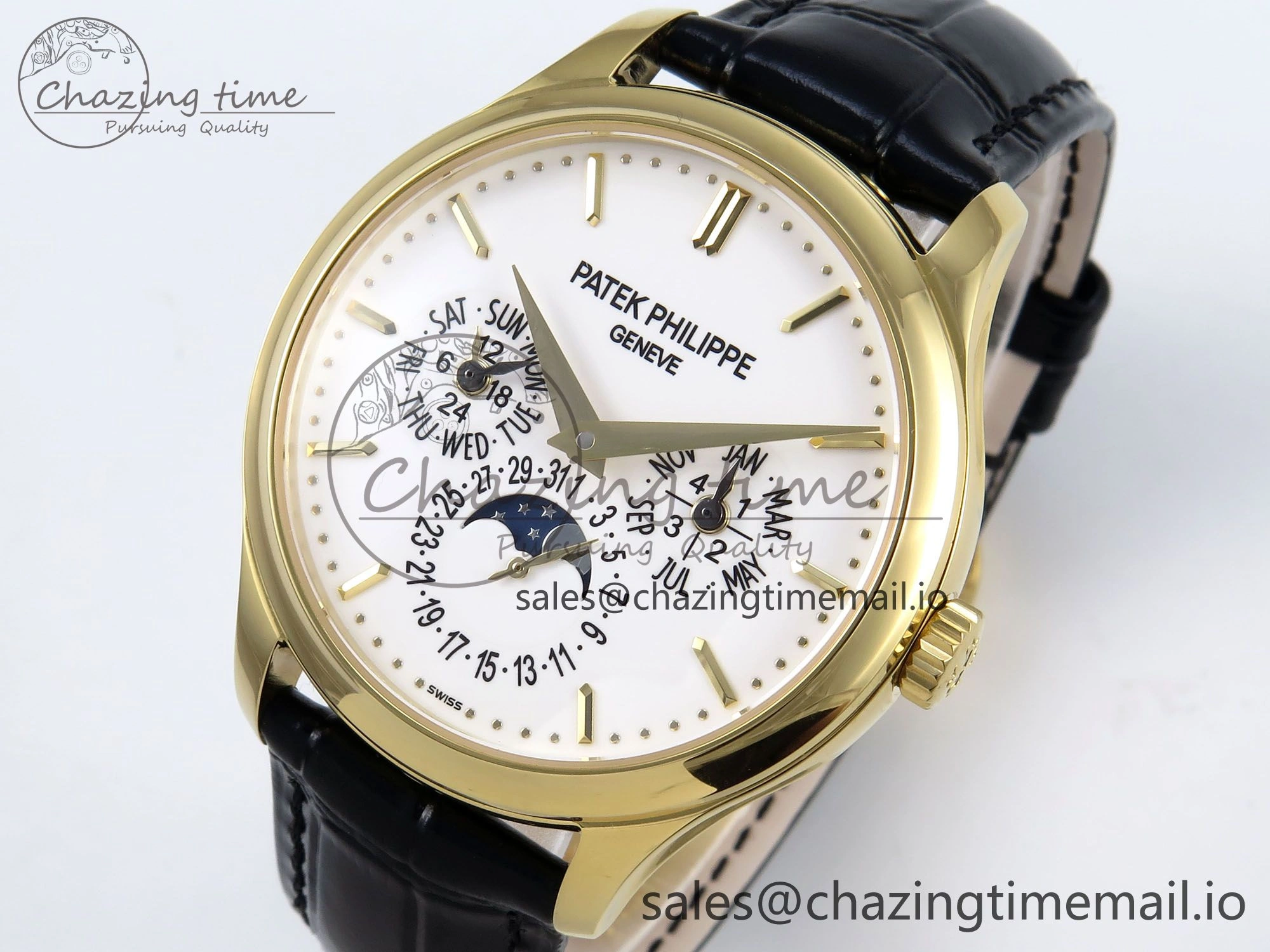 Perpetual Calendar 5140 YG 3KF Best Edition White Dial on Black Leather Strap A240