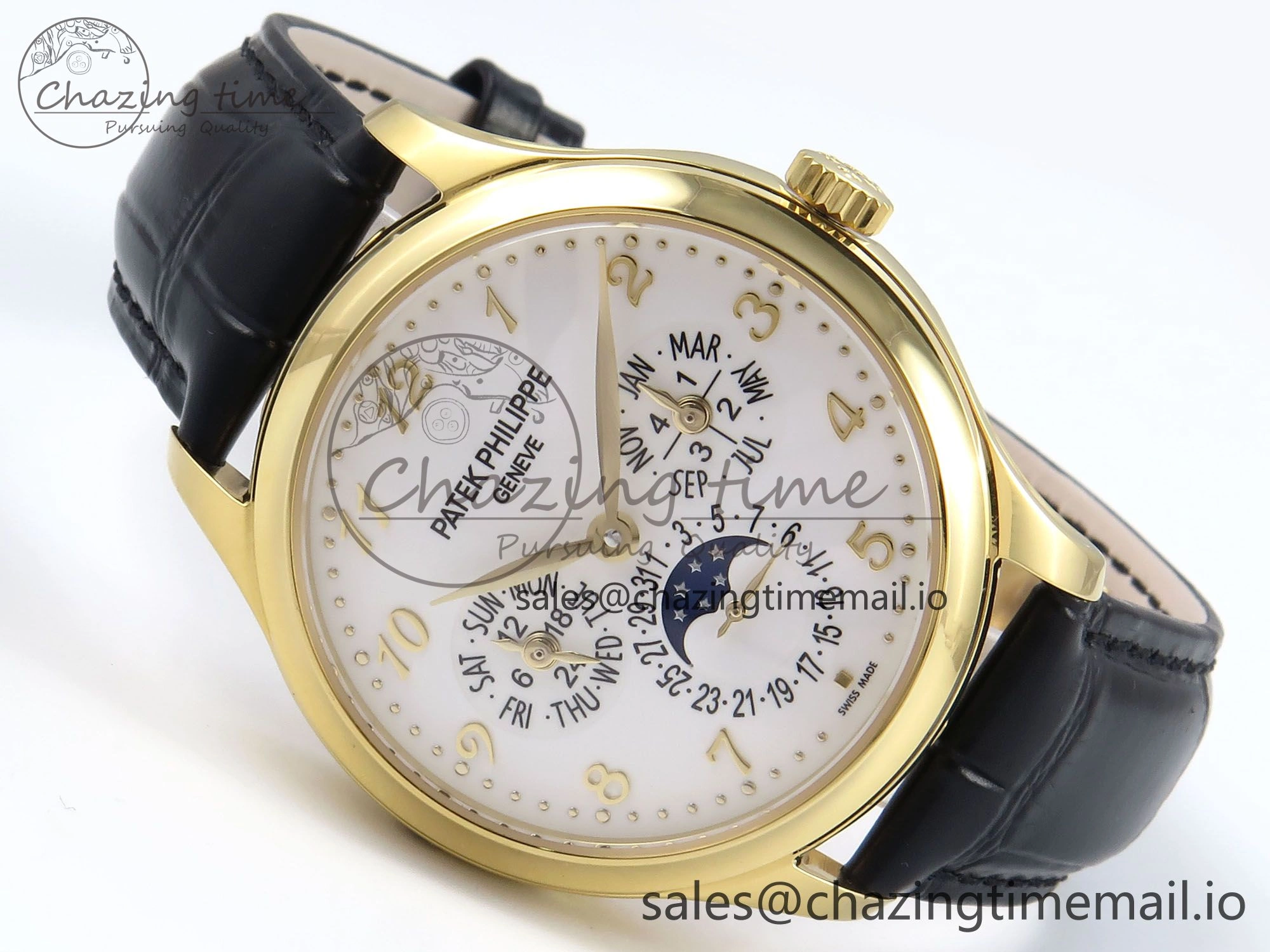 Perpetual Calendar 5140 YG 3KF Best Edition White Numeral Dial on Black Leather Strap A240