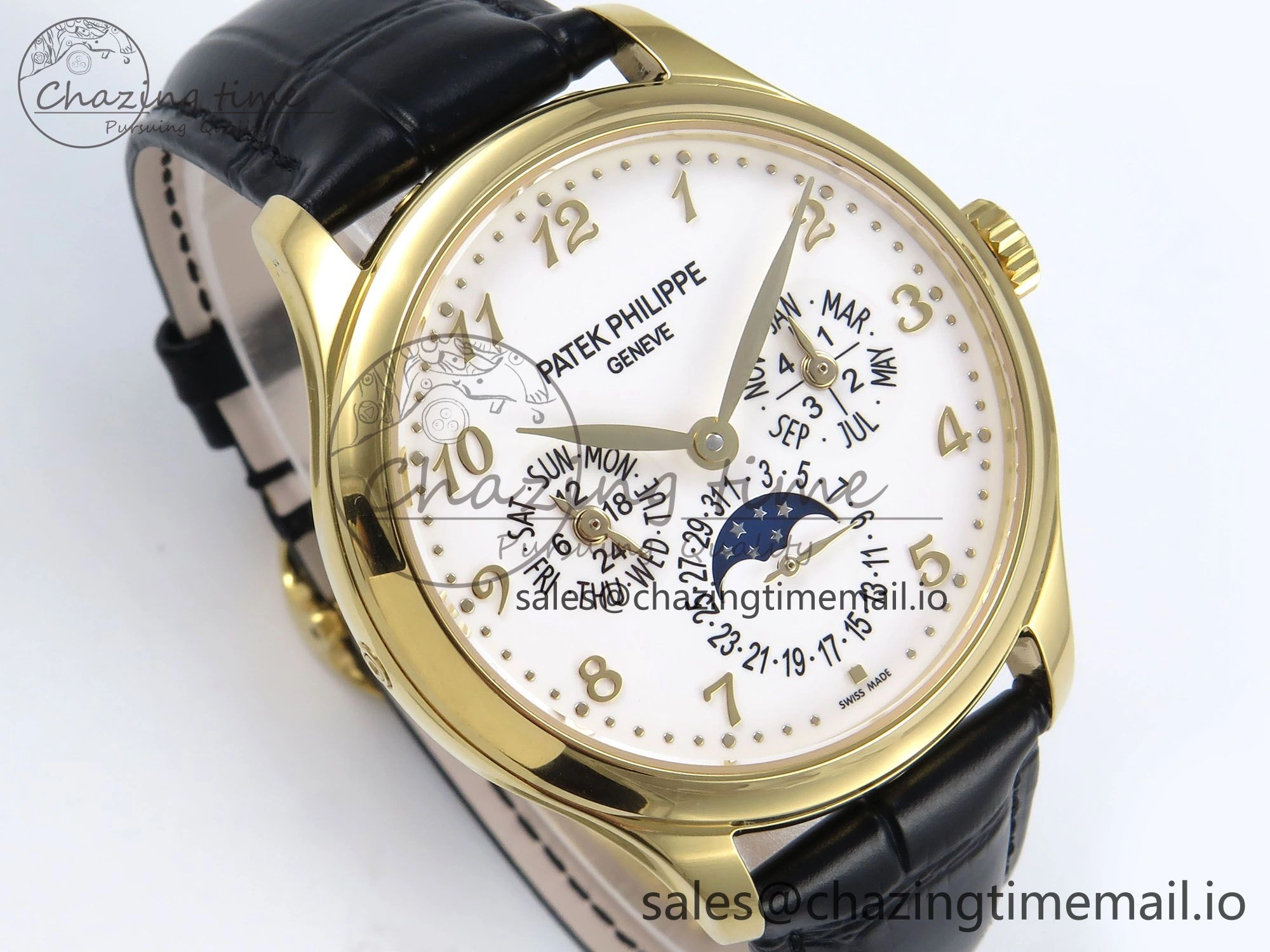 Perpetual Calendar 5140 YG 3KF Best Edition White Numeral Dial on Black Leather Strap A240