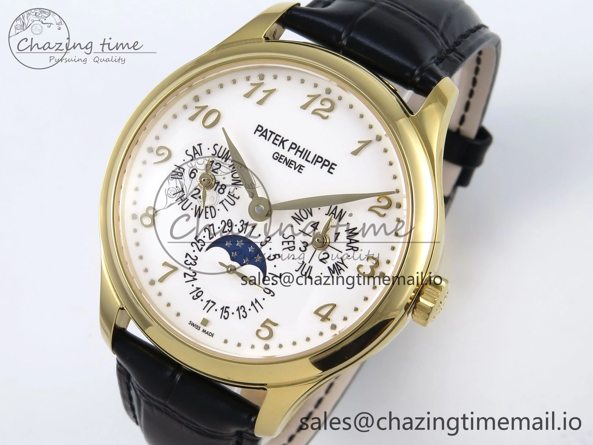 Perpetual Calendar 5140 YG 3KF Best Edition White Numeral Dial on Black Leather Strap A240