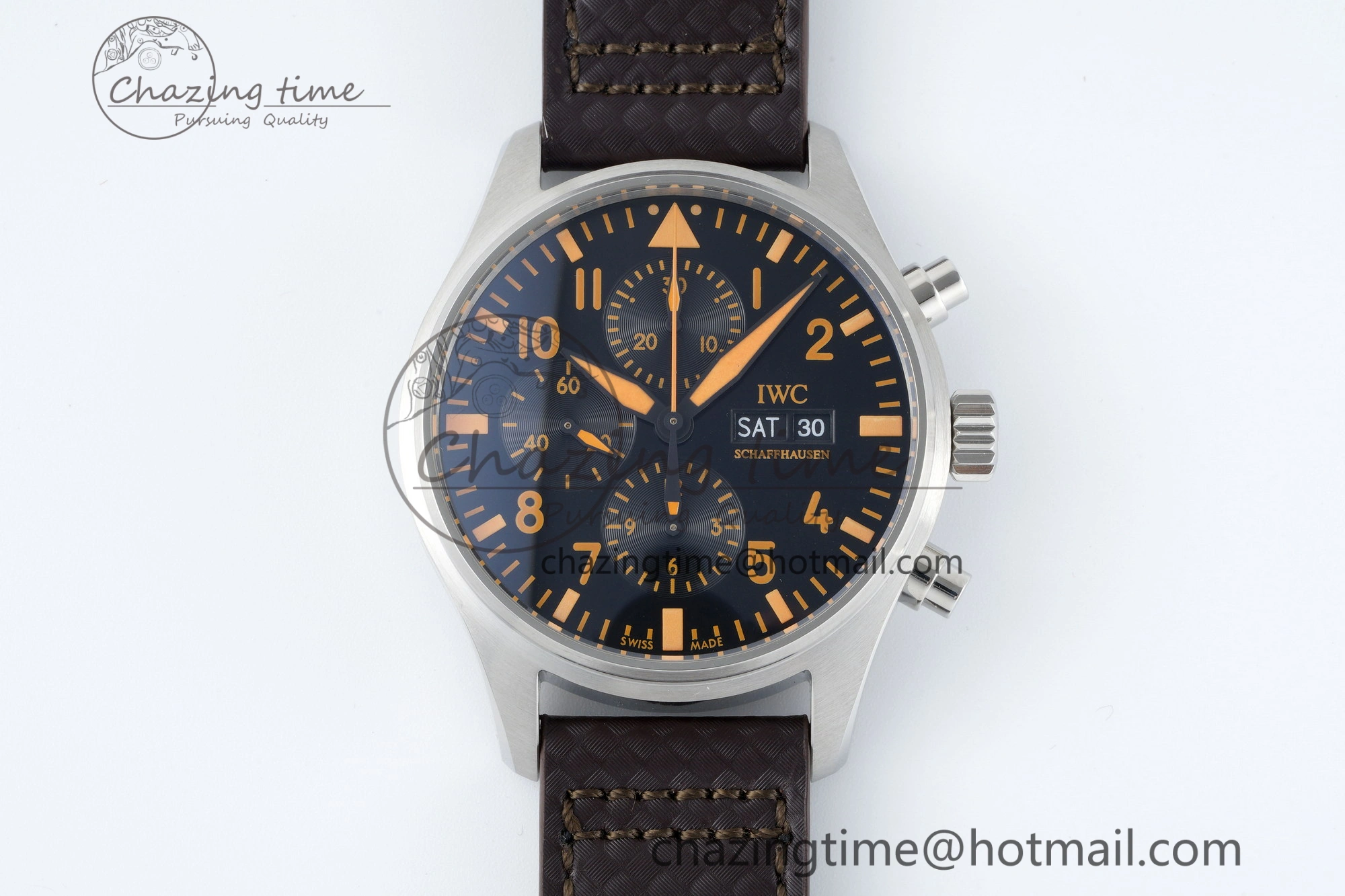 Pilot Chrono SS AZF 1:1 Best Edition Black Dial Orange Markers on Brown Leather Strap A7750