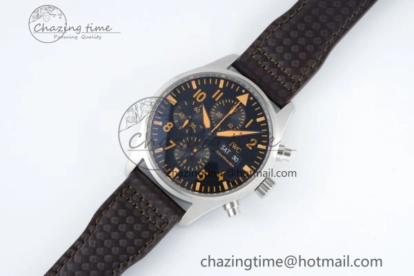 Pilot Chrono SS AZF 1:1 Best Edition Black Dial Orange Markers on Brown Leather Strap A7750