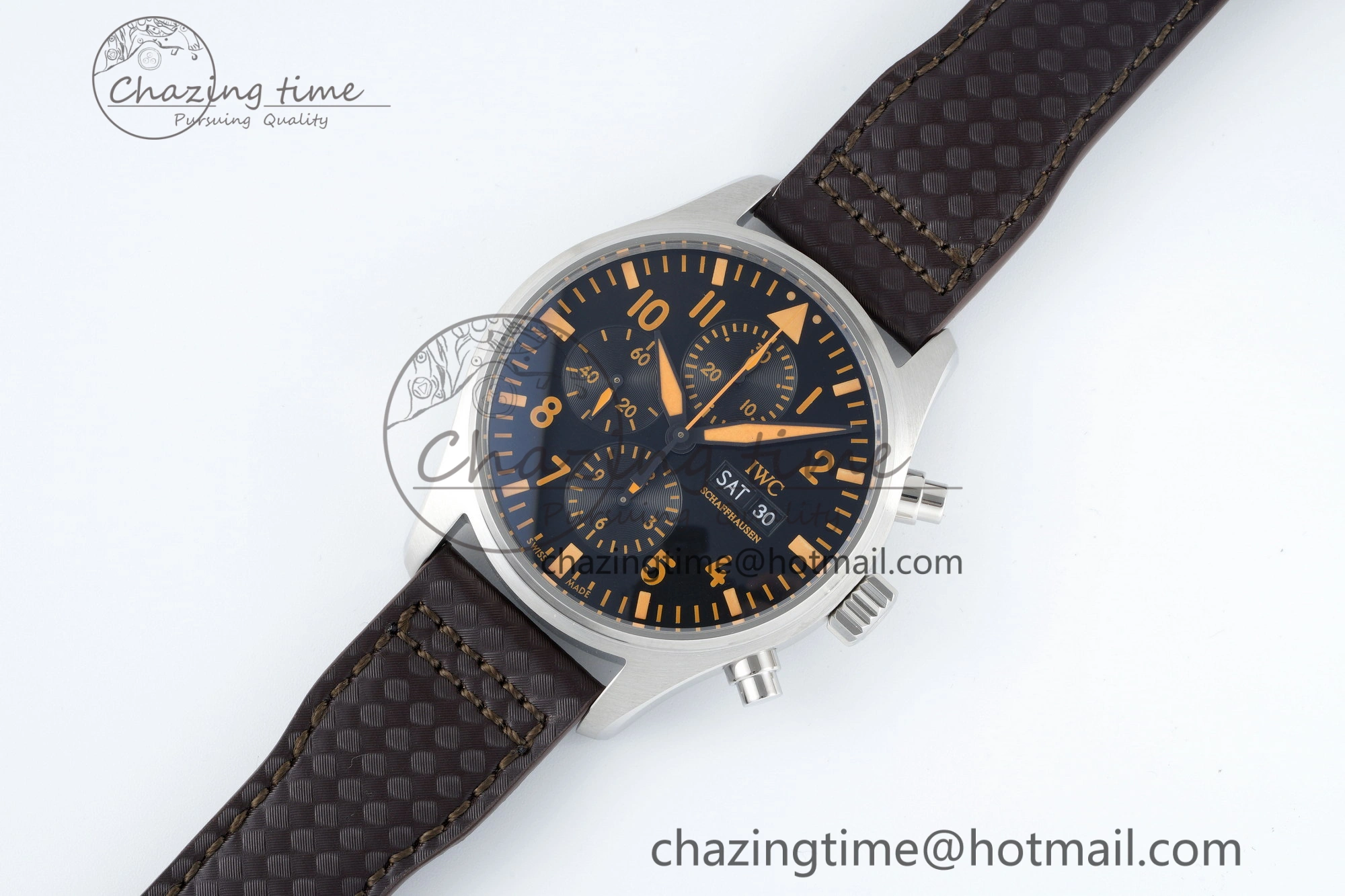 Pilot Chrono SS AZF 1:1 Best Edition Black Dial Orange Markers on Brown Leather Strap A7750