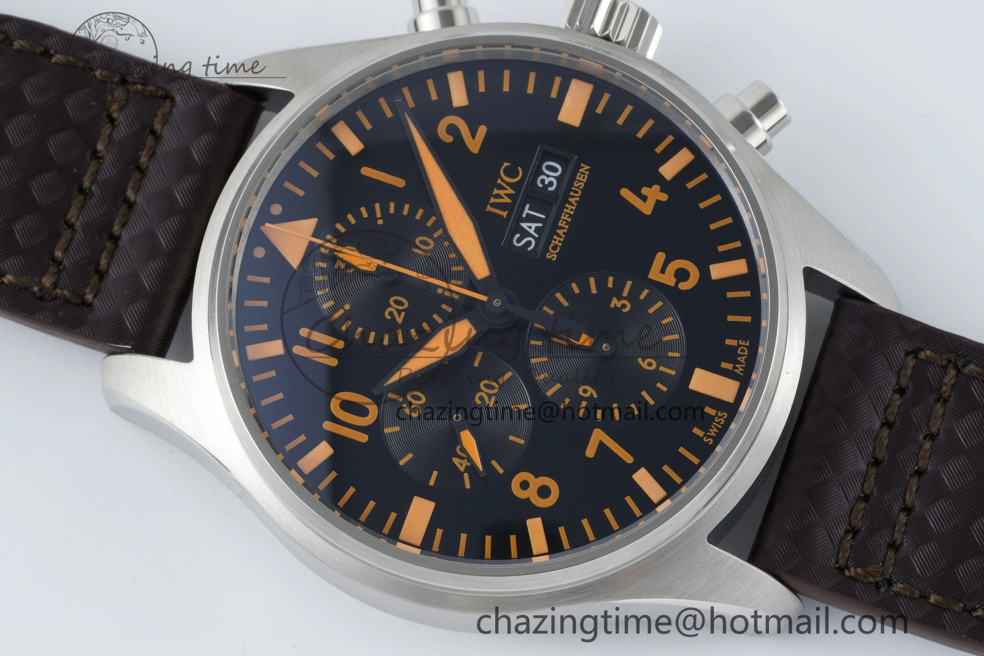 Pilot Chrono SS AZF 1:1 Best Edition Black Dial Orange Markers on Brown Leather Strap A7750
