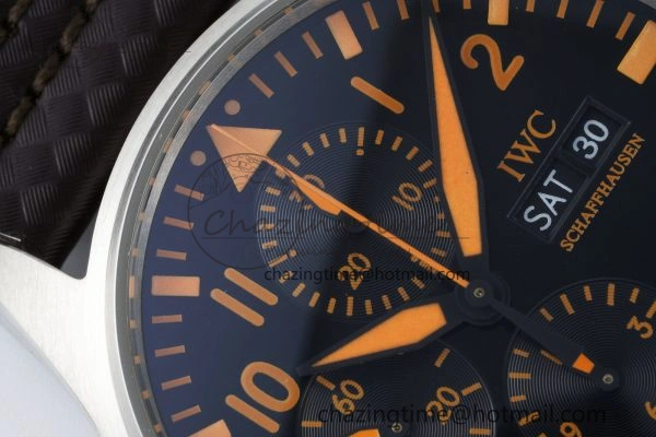 Pilot Chrono SS AZF 1:1 Best Edition Black Dial Orange Markers on Brown Leather Strap A7750