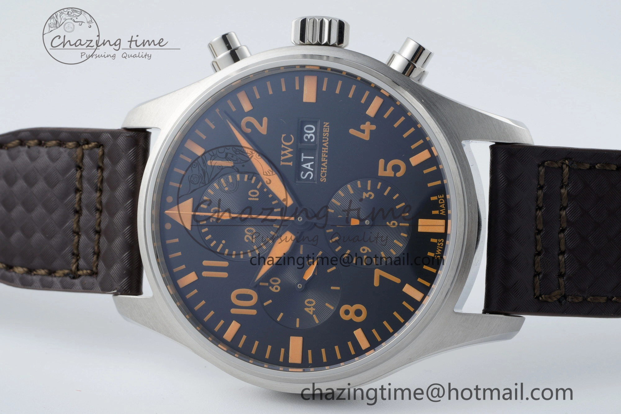Pilot Chrono SS AZF 1:1 Best Edition Black Dial Orange Markers on Brown Leather Strap A7750