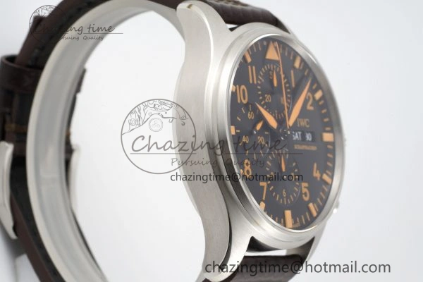 Pilot Chrono SS AZF 1:1 Best Edition Black Dial Orange Markers on Brown Leather Strap A7750