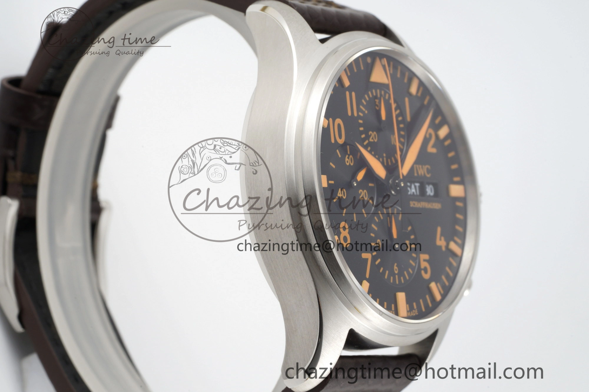 Pilot Chrono SS AZF 1:1 Best Edition Black Dial Orange Markers on Brown Leather Strap A7750