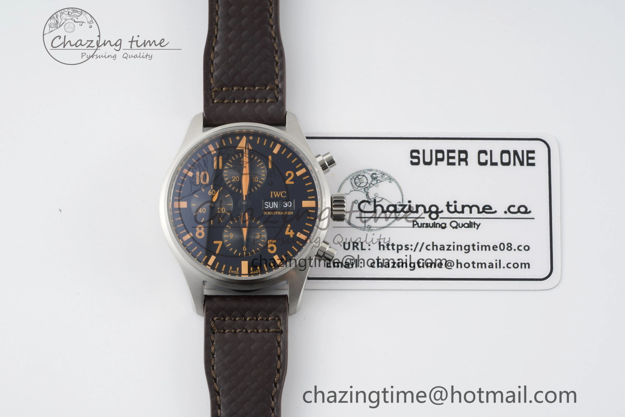 Pilot Chrono SS AZF 1:1 Best Edition Black Dial Orange Markers on Brown Leather Strap A7750