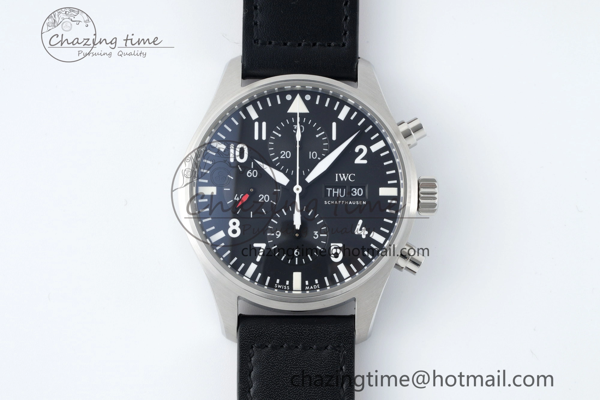 Pilot Chrono SS AZF 1:1 Best Edition Black Dial on Black Leather Strap A7750