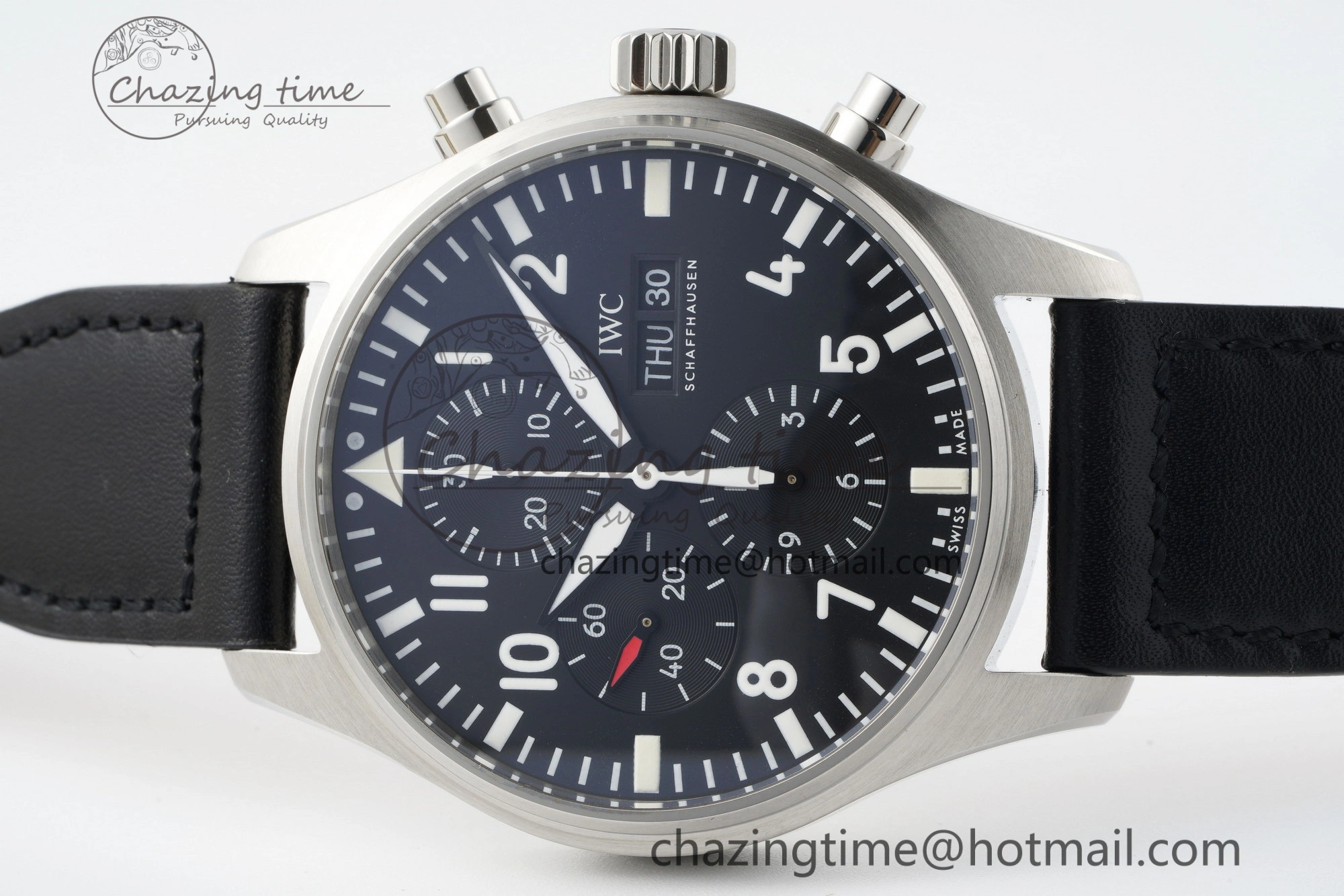 Pilot Chrono SS AZF 1:1 Best Edition Black Dial on Black Leather Strap A7750