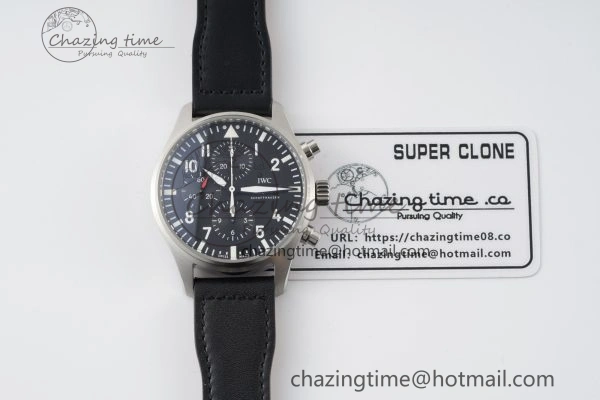 Pilot Chrono SS AZF 1:1 Best Edition Black Dial on Black Leather Strap A7750