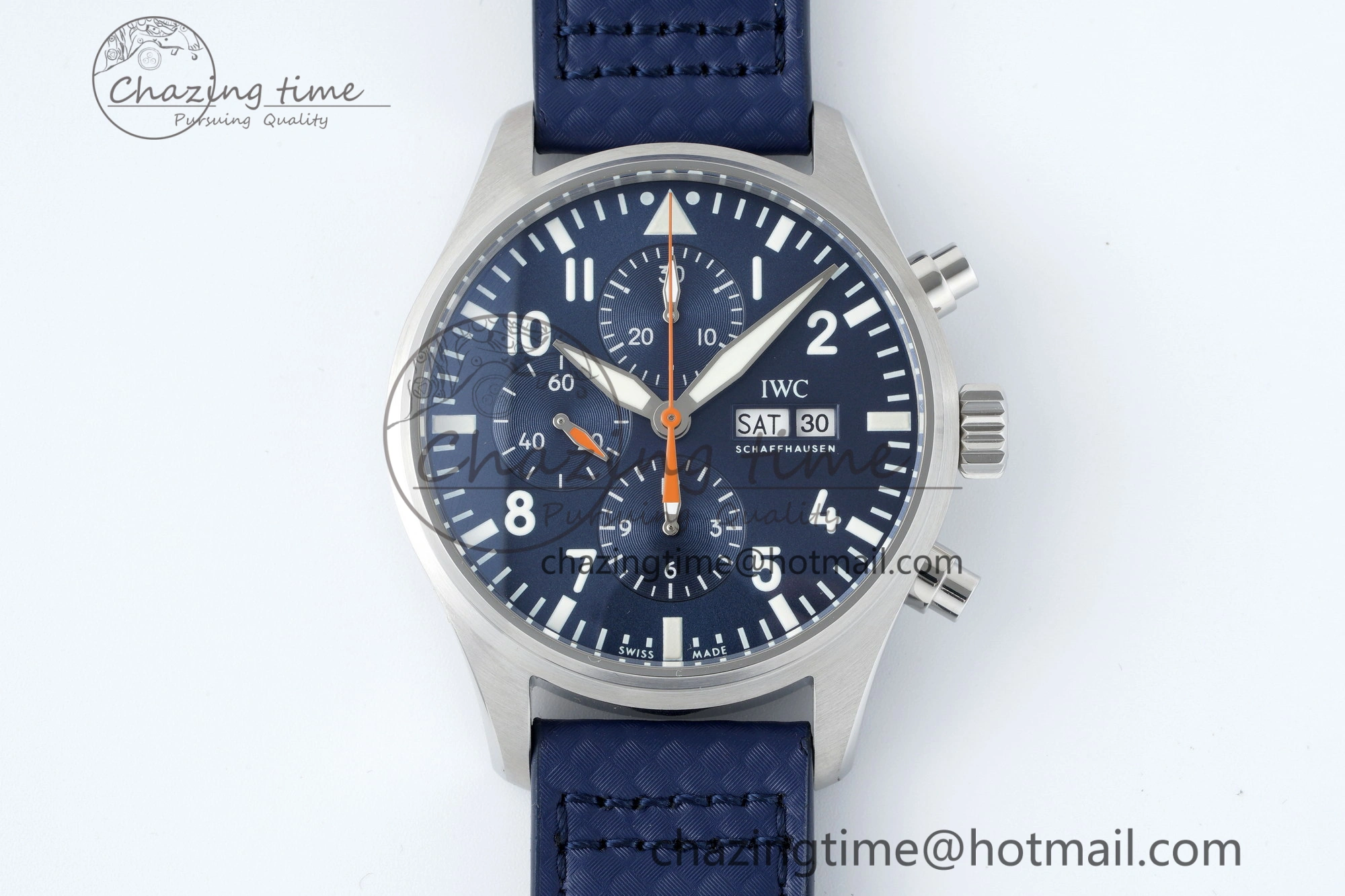 Pilot Chrono SS AZF 1:1 Best Edition Blue Dial Orange Hand on Blue Leather Strap A7750