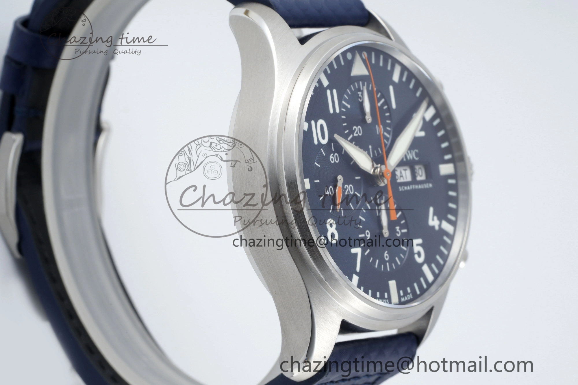 Pilot Chrono SS AZF 1:1 Best Edition Blue Dial Orange Hand on Blue Leather Strap A7750