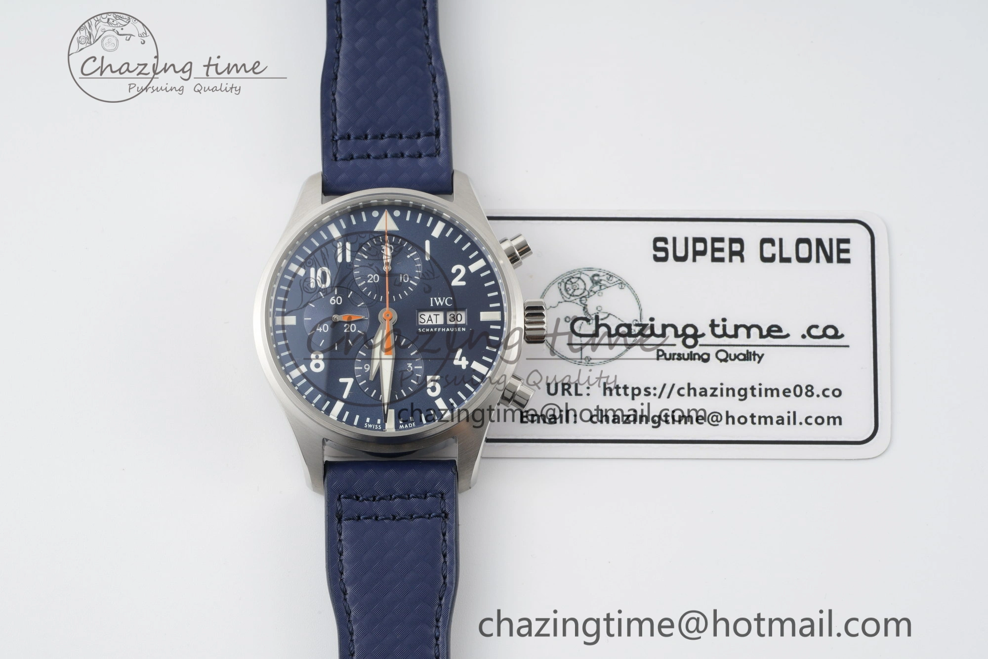 Pilot Chrono SS AZF 1:1 Best Edition Blue Dial Orange Hand on Blue Leather Strap A7750