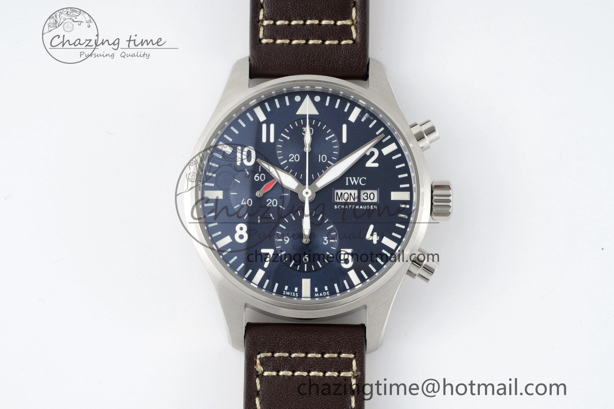 Pilot Chrono SS AZF 1:1 Best Edition Blue Dial on Brown Leather Strap A7750